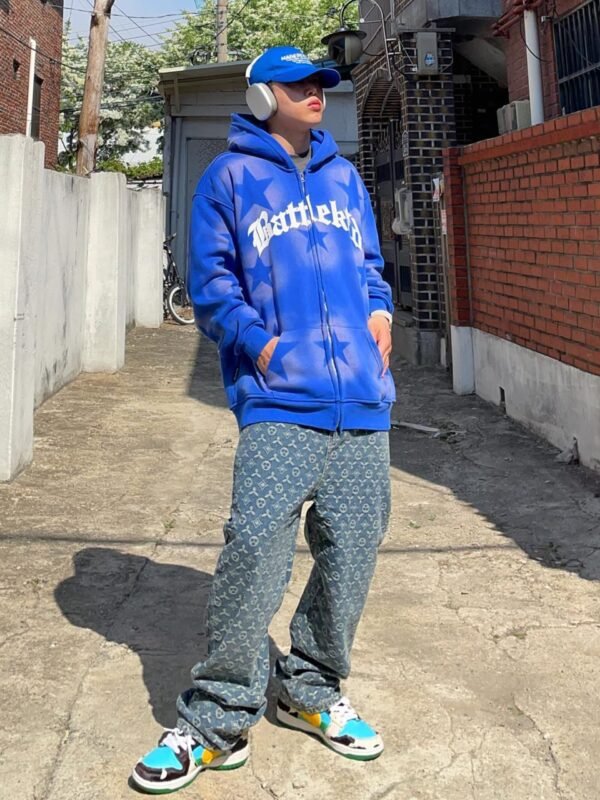 Star Letter Print Zipper Hoodie Jacket - 1540