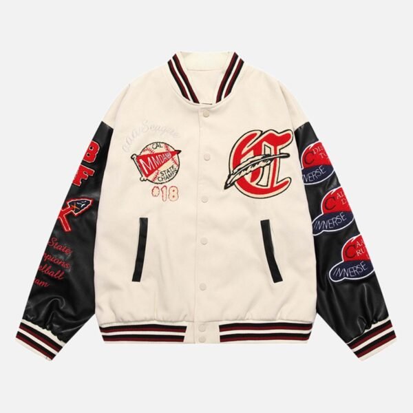 American Patchwork PU Leather Sleeve Embroidered Alphabet Baseball Jacket